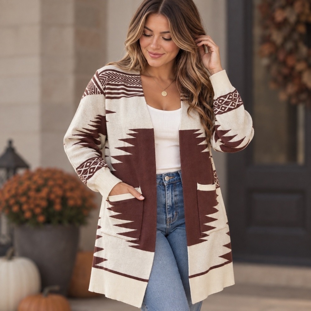 Willow & Wind Womens Brown Cream Southwestern Geometric Open Front Cardigan M